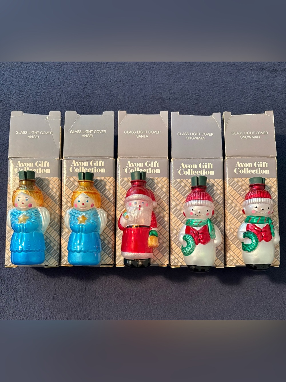 VTG 80s Avon Glass Christmas Light Covers 5-Pc Lot W/ Original Boxes & Stoppers
